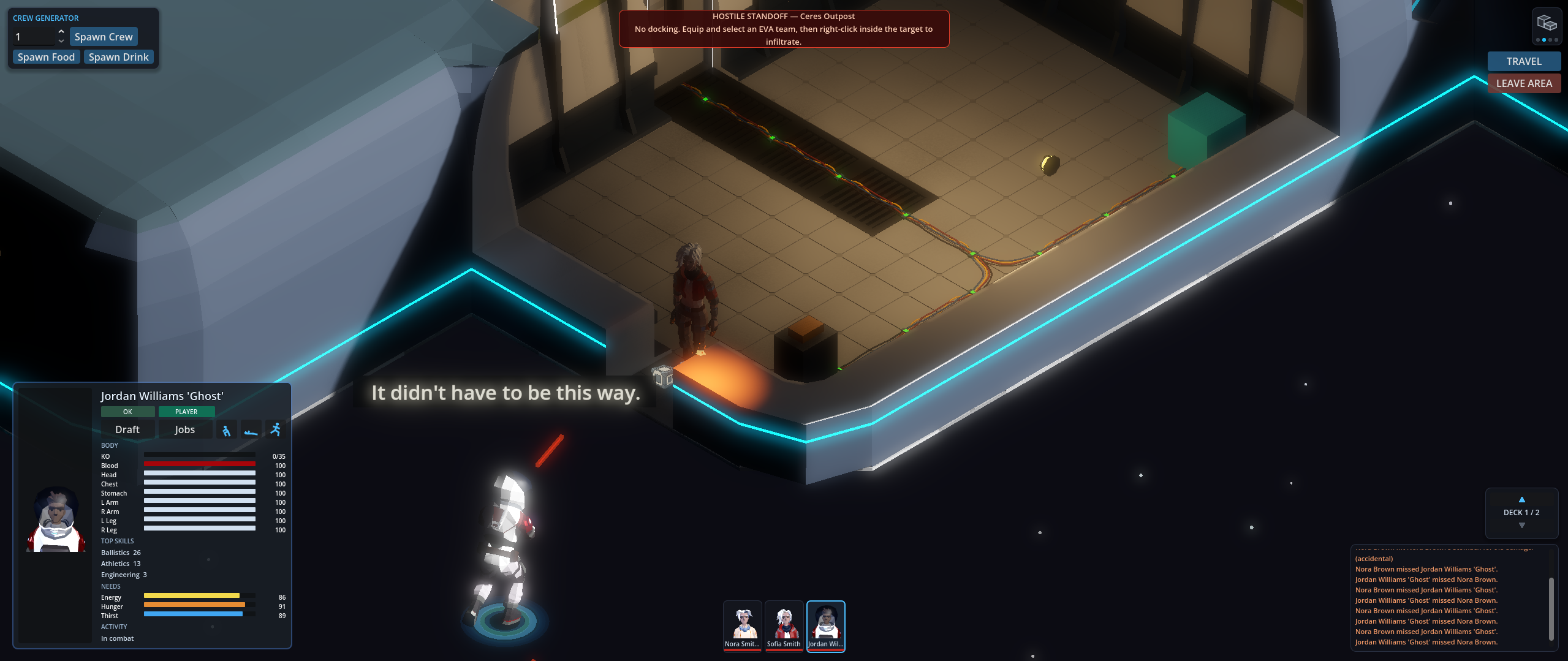 HullRats crew in EVA near the cyan-lit outer hull during a hostile standoff