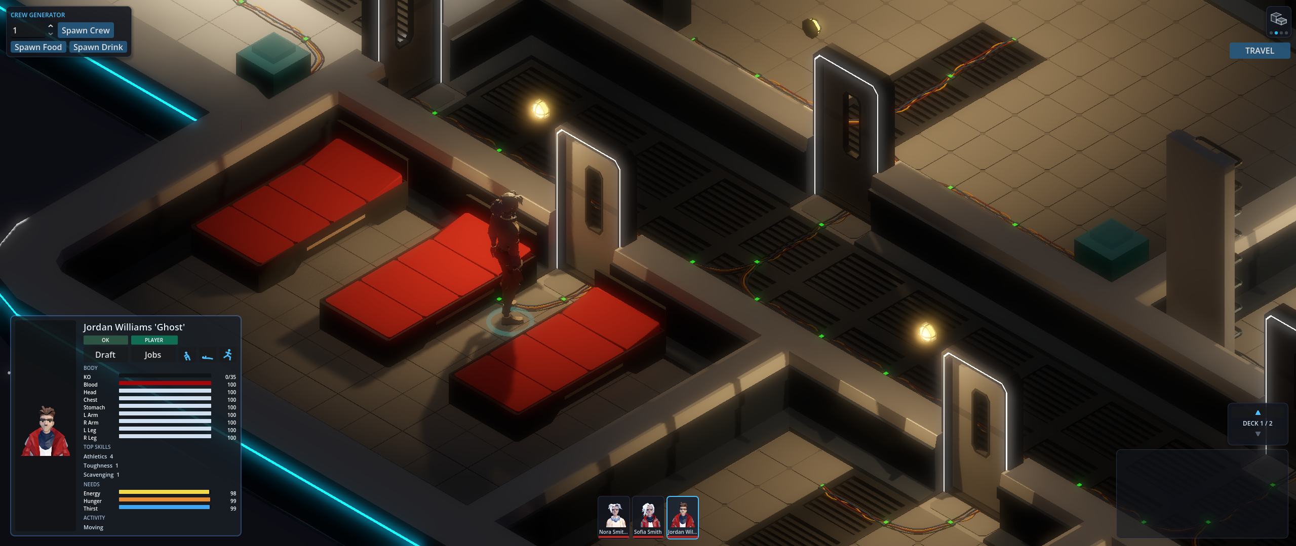 Crew member moving through a warm station interior with red bunks, floor wiring and illuminated doors