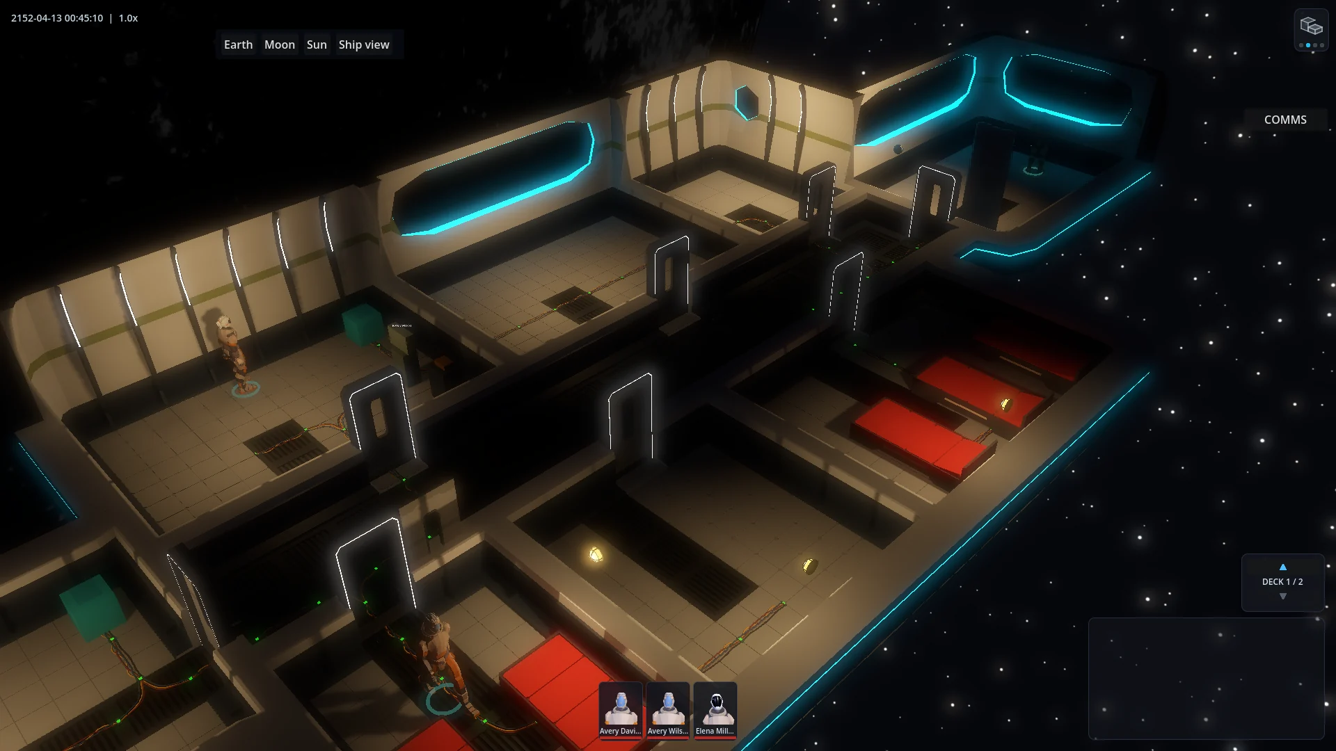 A cutaway of the HullRats station, with warm sleeping quarters, connected corridors, and cyan-lit outer walls against deep space